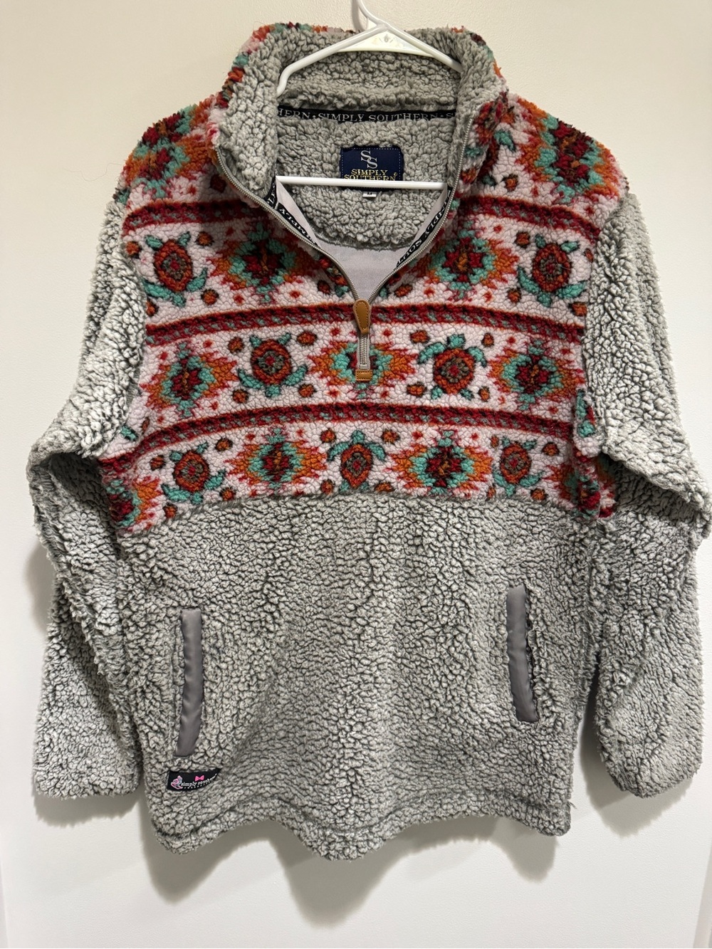 Simply Southern Gray Sherpa 1/4 Zip Pullover with Red and Teal Aztec Yoke
